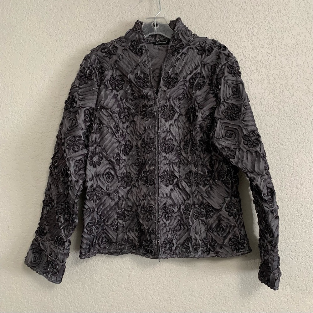 Samuel Dong Jacket Women XL Textured Floral Ribbon Rosette Metallic Shimmer Gray